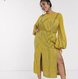 Blouson linear embellished midi dress